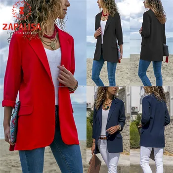 

Zapalisa Formal Jacket for Office Lady Design Turn-Down Collar Long Sleeve Solid Color Patchwork Slim Mid Long Women Jacket