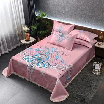 

Luxury Bed Sheet Ice Silk Fabric Flat Sheets Printing Floral Yellow Bed Covers Summer Type Sheet King Queen Size No Pillowcases
