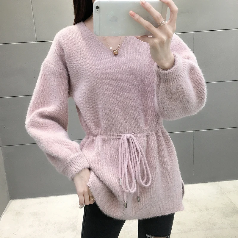 Mink like V-neck new waist sweater in winter women's fashion bottoming sweater-jd55 - Цвет: pink