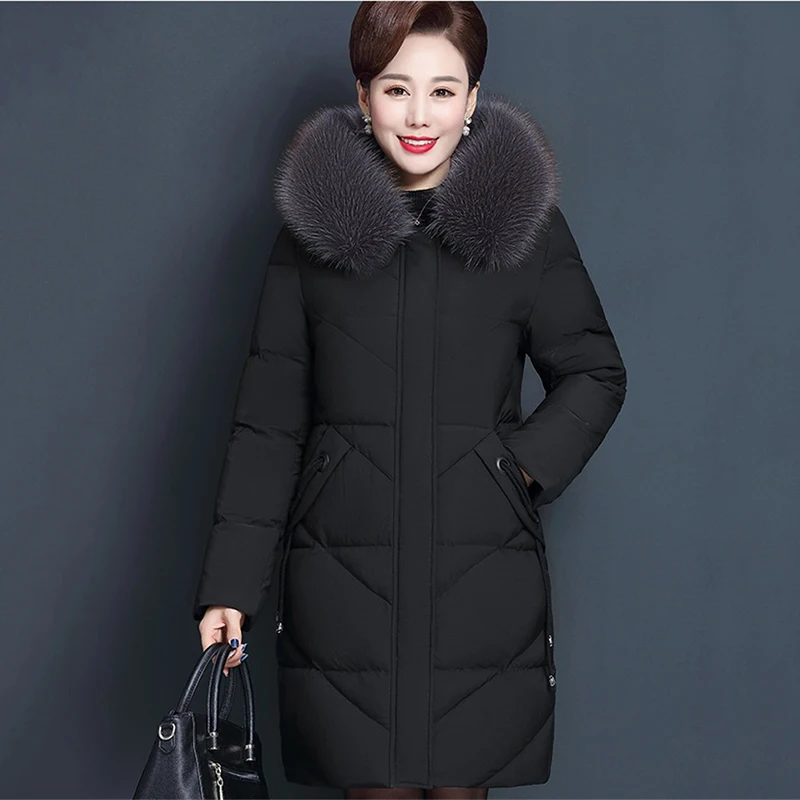 Женское хлопковое пальто среднего возраста новая зимняя пуховая хлопковая куртка с капюшоном и меховым воротником, большие размеры, благородные женские теплые длинные парки 5XL F1028
