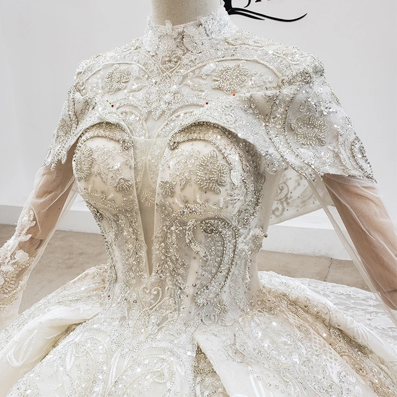 HTL1969 Elegant Extravagant Sequin Crystal Pearls Wedding Dress 2020 High Neck Long Sleeve Lace Up Back 5