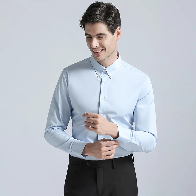 Men's Dress Shirt Brands New Fashion Regular Fit Shirts Business Long Sleeve with Cufflink Collar Button Solid Color Blue
