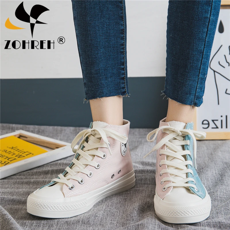 Fashion Shoes Woman Summer New Fashion Women Shoes Casual High Top Patchwork Canvas Women Casual Shoes Mixed Color Sneakers