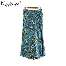 Винтажная элегантная Цветочная Макси-юбка с принтом для женщин модная женская юбка на молнии сбоку с разрезом на пуговицах Повседневная Faldas Mujer