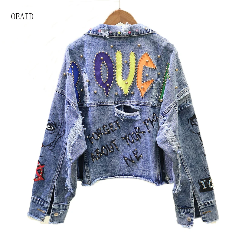 

New Women's Denim Jacket 2024 Spring Female Denim Coat Outerwear Short Graffiti Rivet Girl Jackets Women Coats Fashion