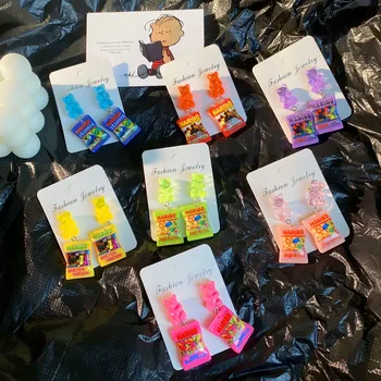 

New Creative Design Candy Bag Bear Earring Handmade Resin Cute Cartoon Gummy Bear Earrings For Women Girls Fashion Jewelry Gift