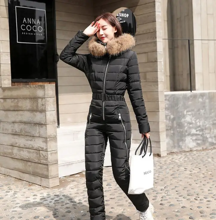 down jacket suit women piece thick coat winter fashion one-piece suits waist slim ski women parka - Цвет: Черный