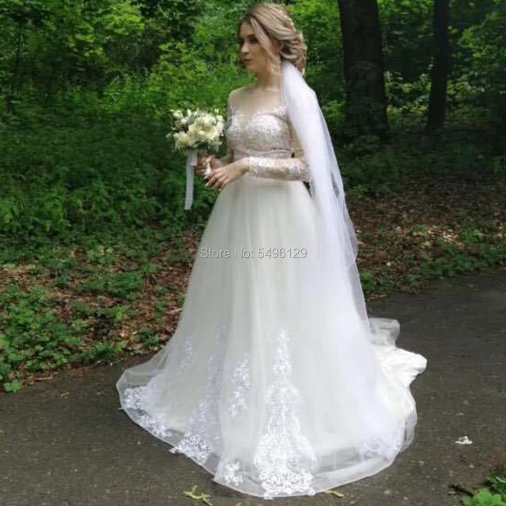 

Sexy Sheer Scoop Neck A Line Wedding Dresses Romantic Lace Appliques Long Sleeves Vestido Noiva Bridal Gowns Tulle Bride Dress