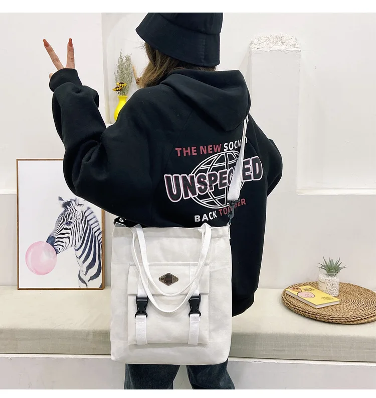 

Fashion Women Shoulder Bag Large Solid Ladies and Girls Canvas Bag Casual Style Flap Pocket Reusable Crossbody Bag Shopping Bag