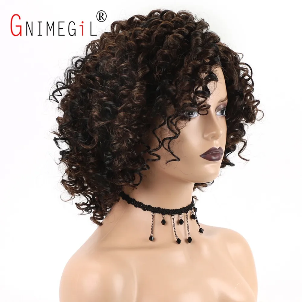 GNIMEGIL Female Afro Kinky Curly Wig Synthetic Fiber Colly Curls Wigs for Black Women Fashion Dark Brown Hair Replacement Wig