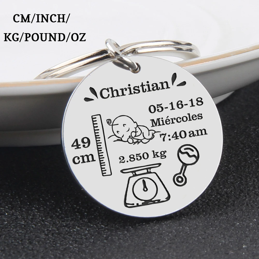 Round Baby Keychain Personalized Name Date Of Birth Weight Time Height For Newborn Commemorate Baby Stats Keyring New Mom Gift