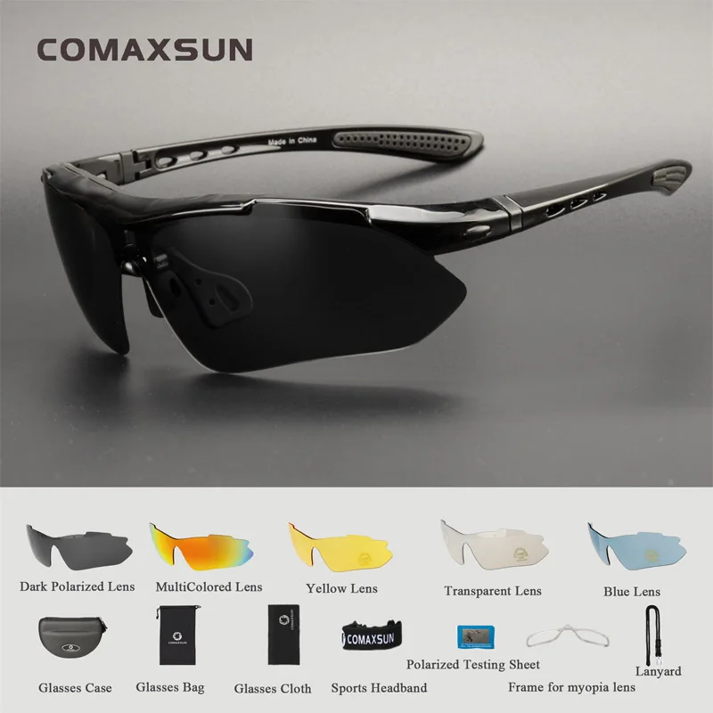 COMAXSUN, Профессиональные поляризованные велосипедные очки, велосипедные очки, для спорта на открытом воздухе, велосипедные солнцезащитные очки, UV 400, с 5 линзами, TR90, 10 цветов - Цвет: Style 1 Black