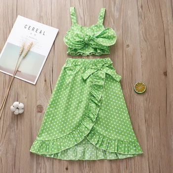 

pretty princess bow shoulderless tops vest dot ruffles irregular dresses kids baby girls clothing toddler clothes set 2pcs 6M-5Y