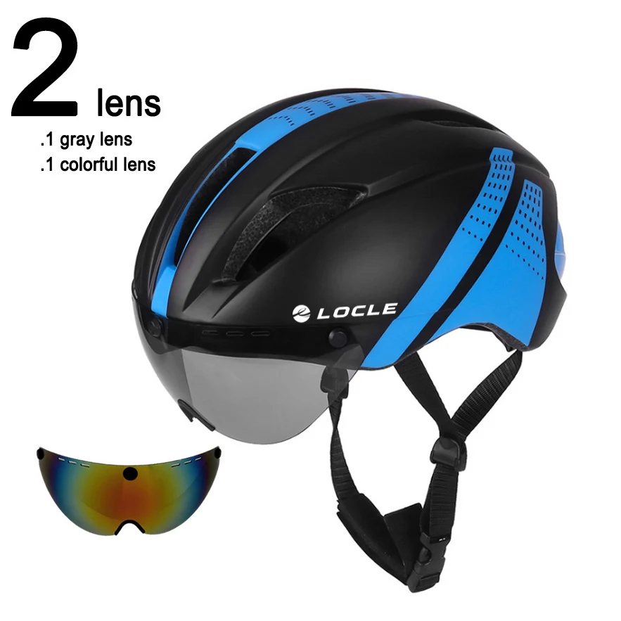 LOCLE очки, велосипедный шлем, сетка от насекомых, дорожный горный MTB велосипедный шлем с линзой, 11 вентиляционных отверстий, велосипедный шлем, Casco Ciclismo - Цвет: Black Blue 2 Lenses