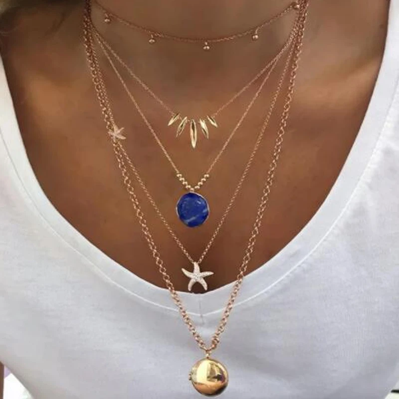 

docona Boho Gold Leaf Crystal Star Pendant Necklace for Women Blue Rhinestone Charms Multi-layer Necklaces Collares 8686