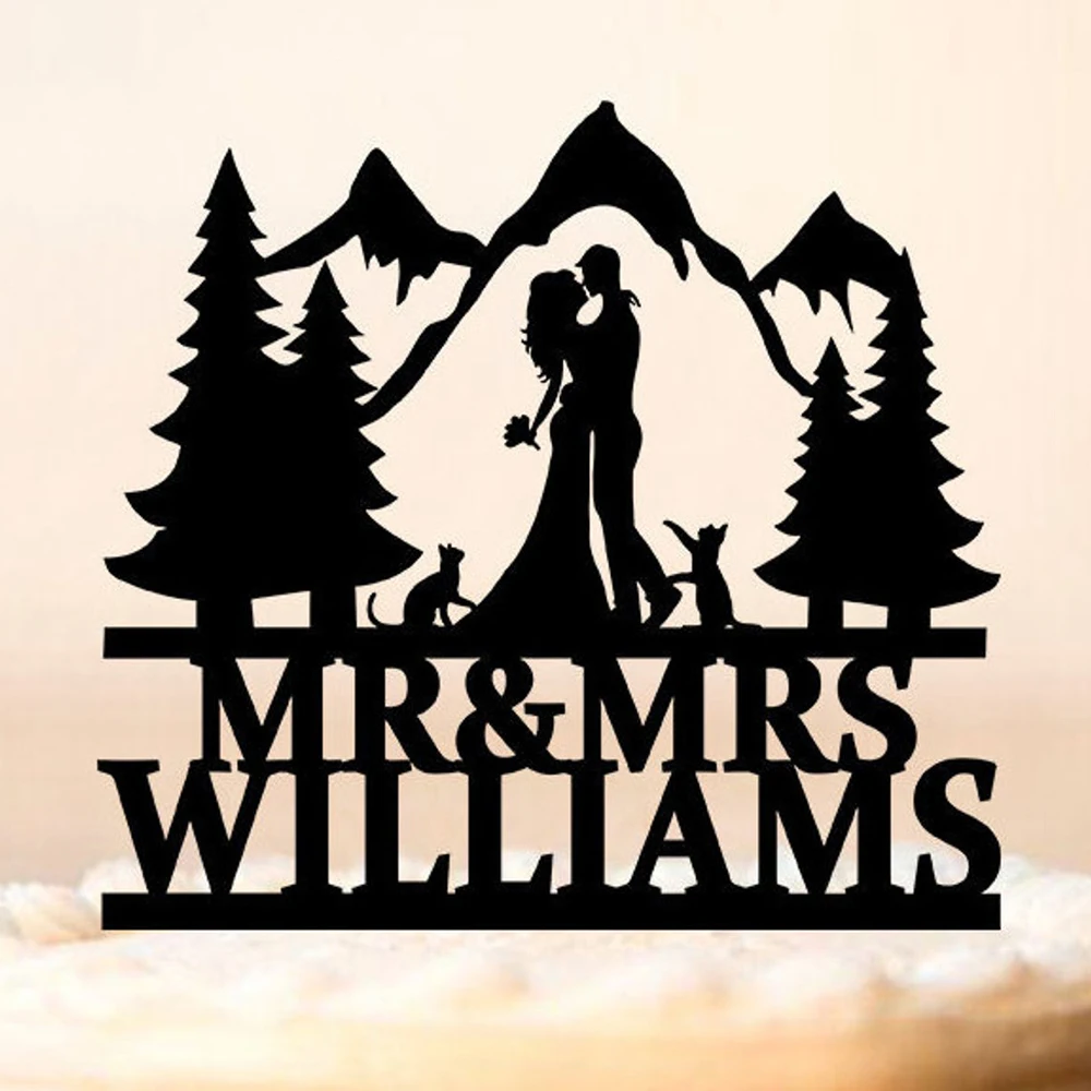 Custom Wedding Cake Topper with Mountain Couple Personalized Mr & Mrs Wedding cake topper Calligraphy Party Decor For Birthday