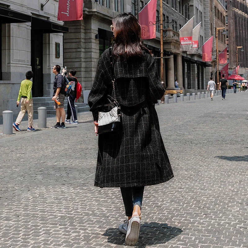 

Plaid Trench Coat Women's Mid-length Korean-style 2019 New Style British-Style Black And White with Pattern over-the-Knee Spring
