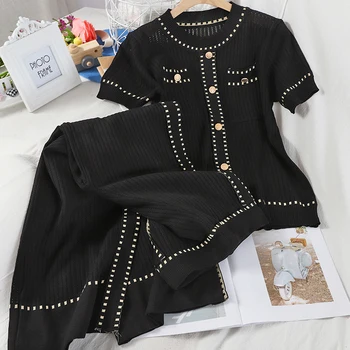 

Women's Fashion Hollow Sexy Solid Color O-neck Single Breasted Top + High Waist Loose Wide Leg Pants Knitted Two-piece Suit