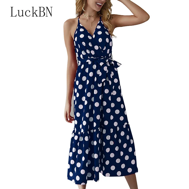 LuckBN Women's Clothing Dresses Bohemian Dot Beach Long Dresses Summer Print Sleeveless V Neck Backless Dress Clothing Female