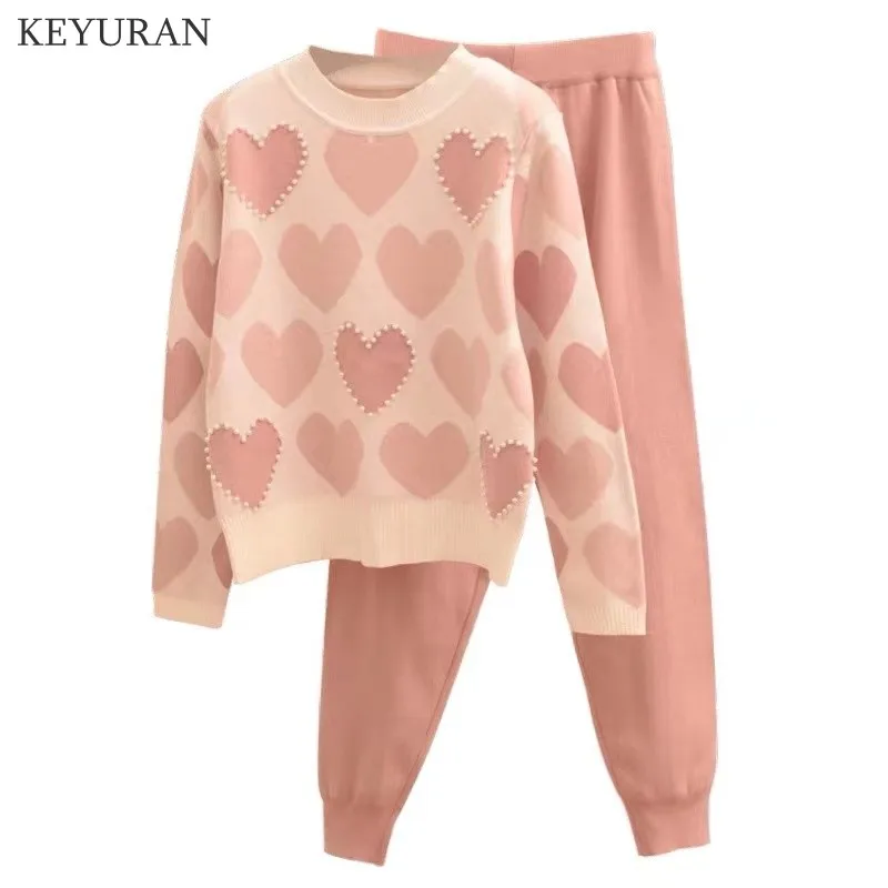 2021 New Women&amp#39s Knitting 2 Piece Set Love Heart Beaded Long Sleeve Pullover Sweater Tops + Elastic Waist Pants Suit Outfit |