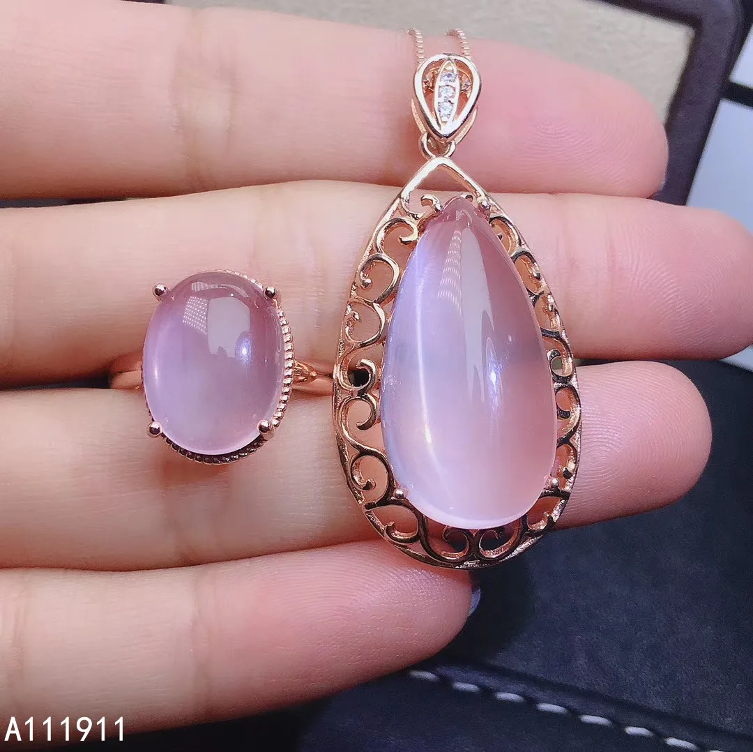 KJJEAXCMY fine jewelry 925 sterling silver inlaid Natural Rose quartz exquisite Necklace Ring Suit Support Detection luxurious