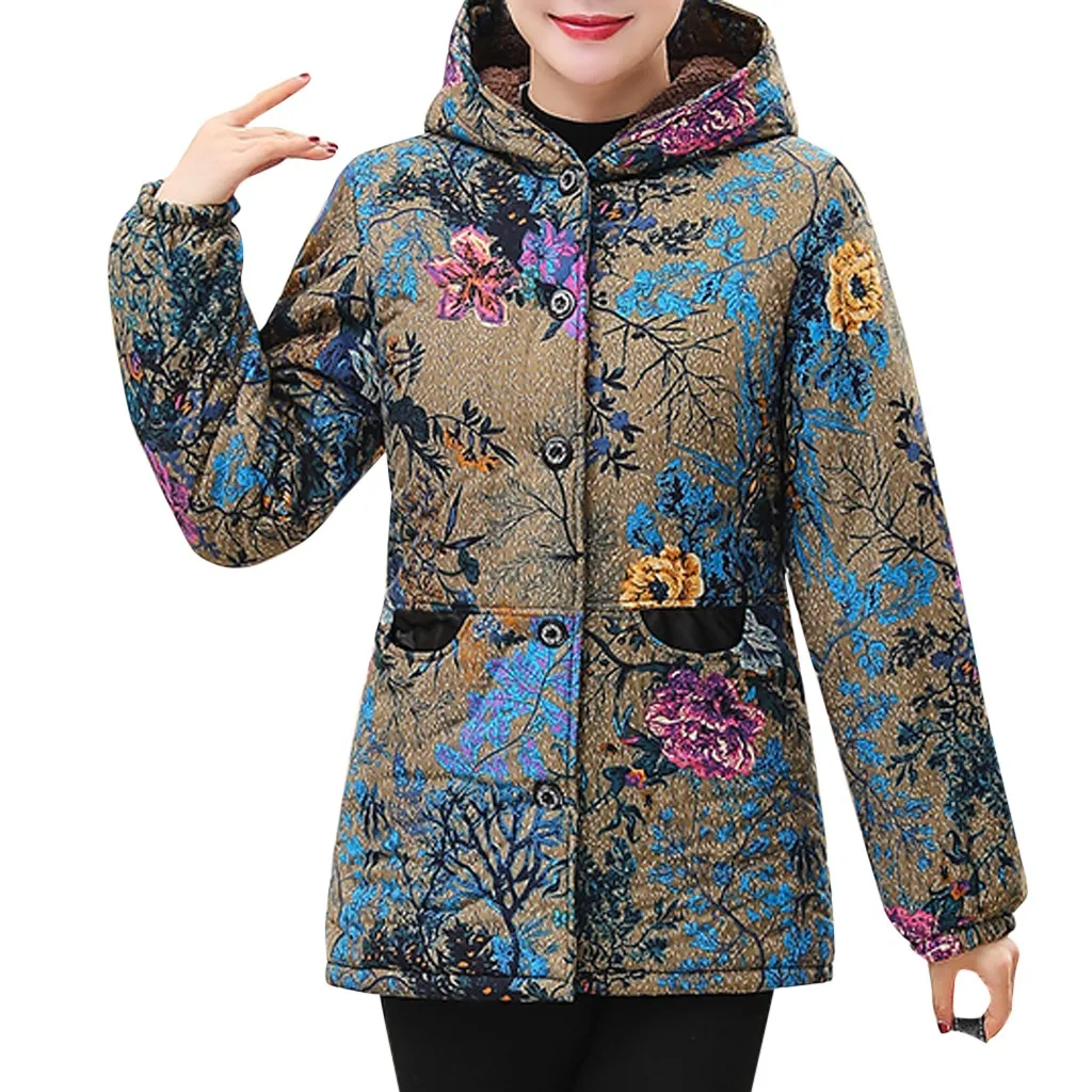 JAYCOSIN, Женское зимнее пальто с капюшоном, с принтом, на пуговицах, с карманами, с длинным рукавом, длинное пальто для мамы, пальто большого размера, плюс бархатное зимнее пальто для мамы