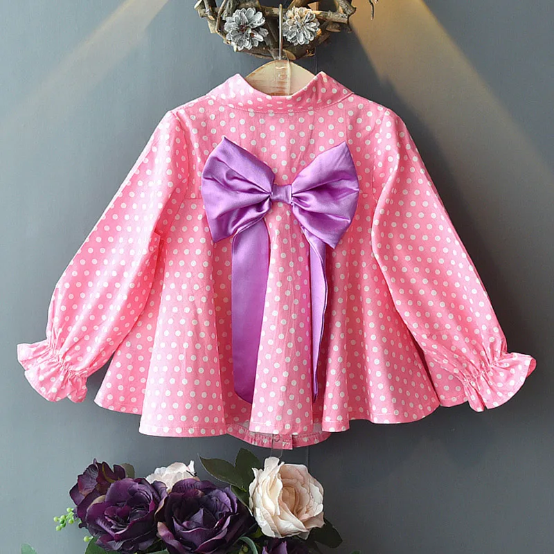 Amya Baby Autumn Dot Print Long Sleeve Girl Shirts Collar Big Bow Girls Blouses Back To School Kids Clothes Children Tops