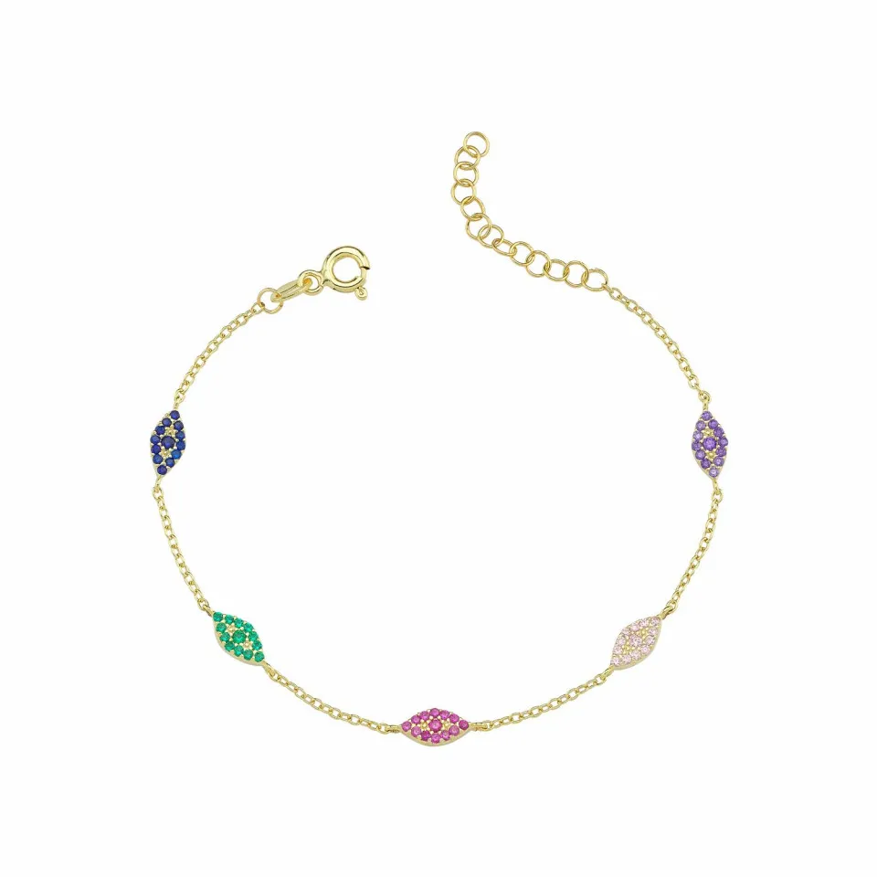 

copper gold color Womens Charm Bracelet multicolored cz Evil Eye Protection Link Chain Adjustable, 16+5cm Extender