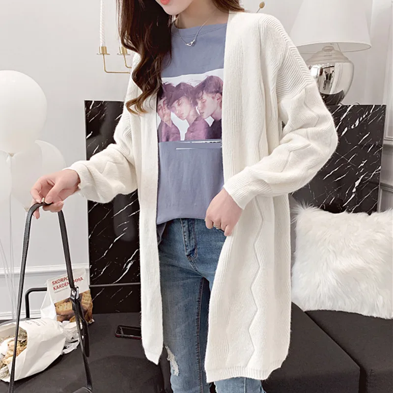 Beige UHYTGF длинный женский кардиган длинный рукав кардиган весна-осень свитер женский сплошной цвет твист v-образным вырезом плюс размер вязаный свитер 218 - Цвет: Beige