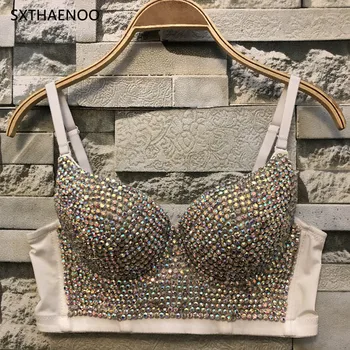 

SXTHAENOO Women Diamond-embedded Color Vest 2020 Fashion Sexy Sleeveless Short Bustier Crop Tops White Streetwear Camis