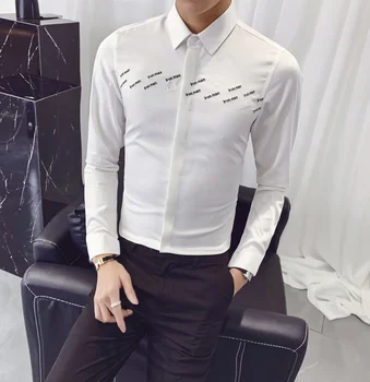 

Letter Embroidered Shirts Men Long Sleeve Casual Slim Fit Dress Shirt Black White Formal Business Shirt Streetwear Chemise Homme