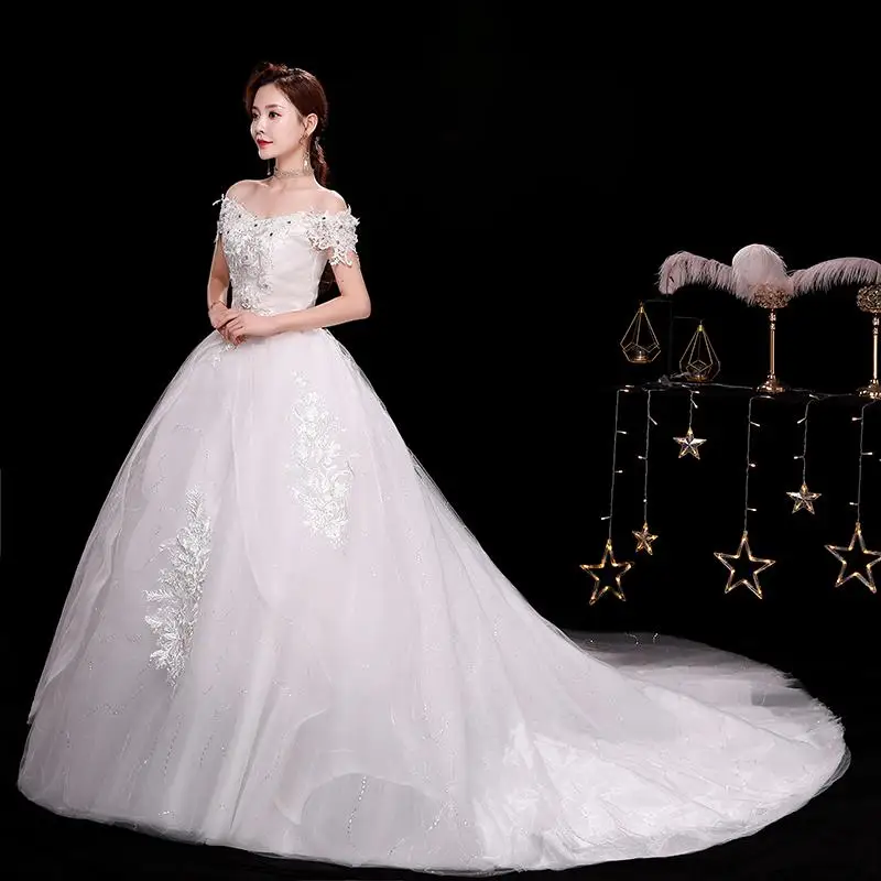Новейшая модель; Robe De Mariage Grande поезд свадебное платье кружевной вырез лодочкой с открытыми плечами бальное платье в стиле принцессы; большие Размеры Винтаж невест - Цвет: with 80 cm train