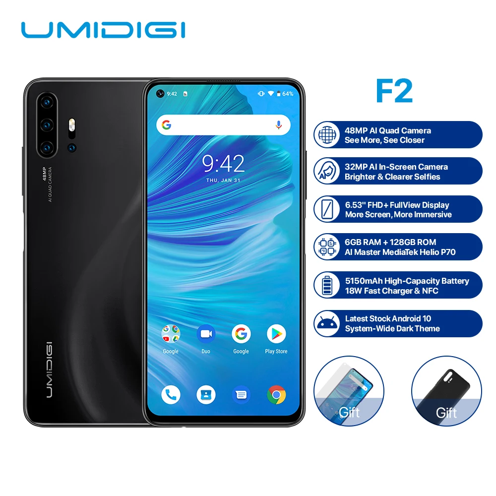 UMIDIGI F2 глобальная версия Android 10 6 ГБ 128 ГБ 6,5" FHD 32 МП селфи Helio P70 48MP AI Quad камера мобильный телефон 5150 мАч NFC