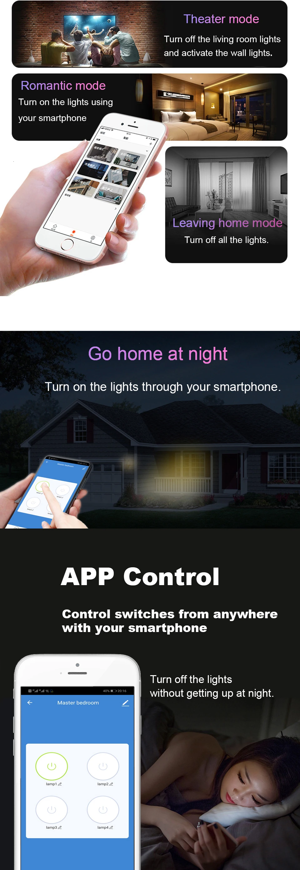 WIFI tactile lumière interrupteur mural panneau de verre noir bleu LED ue & UK universel Smart Home Phone contrôle 4 Gang 2 voies 90-240V carré