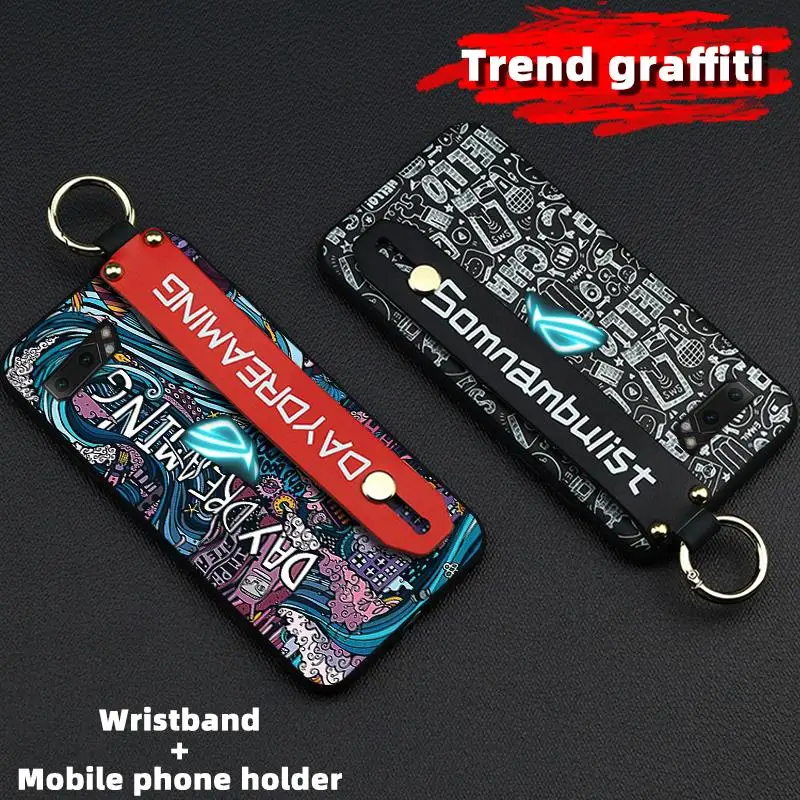 

Shockproof Wristband Wrist Strap Phone Cover For ASUS ROG PHONE II/ZS660KL Delicate Painted New Arrival Phone Holder Silicone