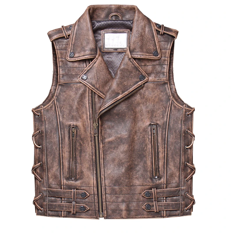 Retro Brown Men Ameican Motorcylce Leather Vest Plus Size XXXXL Genuine Cowhide Autumn Slim Fit Biker's Vest FREE SHIPPING