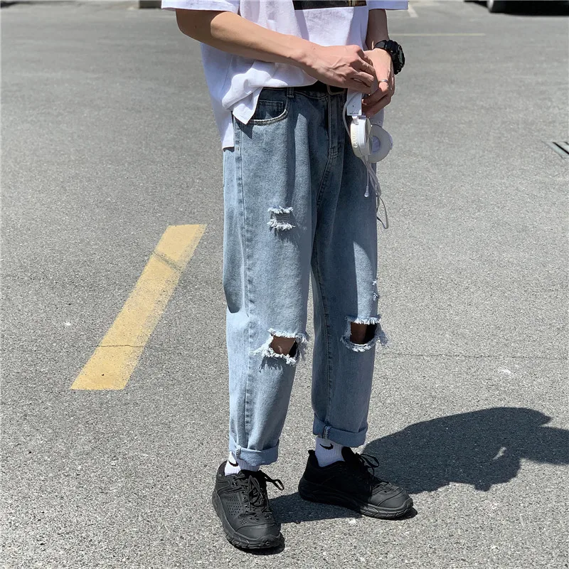 

Summer Ripped Jeans Men's Fashion Washed Solid Color Casual Straight Jeans Men Streetwear Hip Hop Loose Hole Denim Trousers