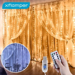 XFLAMPER LED Garland Curtain Light with 8 Lighting Modes Cooper Fairy Lights with 10 Hook Indoor Patio Home Party Decorations