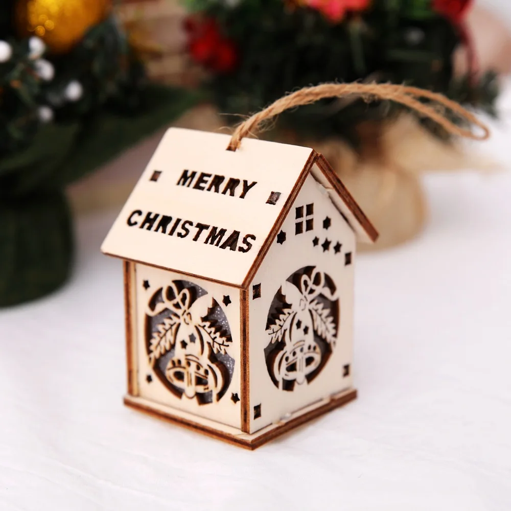 Wood House Cute Christmas Xmas Tree Hanging Ornaments Light Christmas House Design Decoration for Home Hanging Pendant