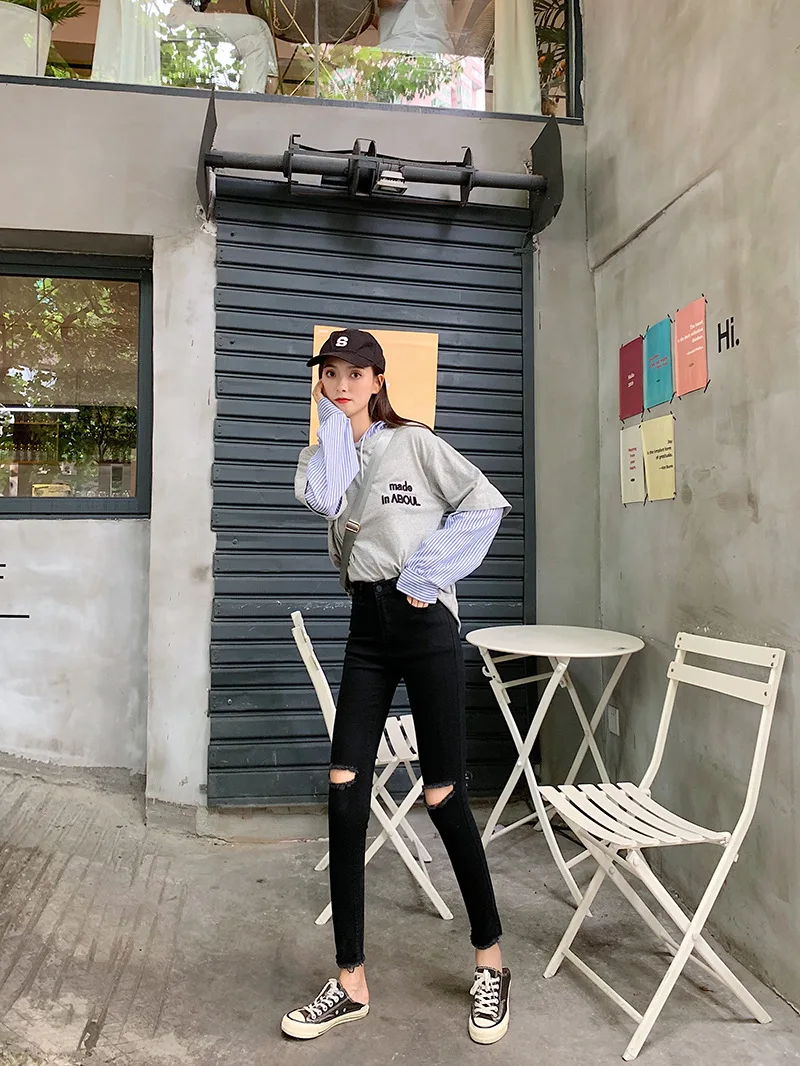 NORMOV Summer Hole Ripped Jeans Women Cool Denim Mid Waist Skinny Jeans Female Pencil Trousers Black Buttons Pocket Jeans
