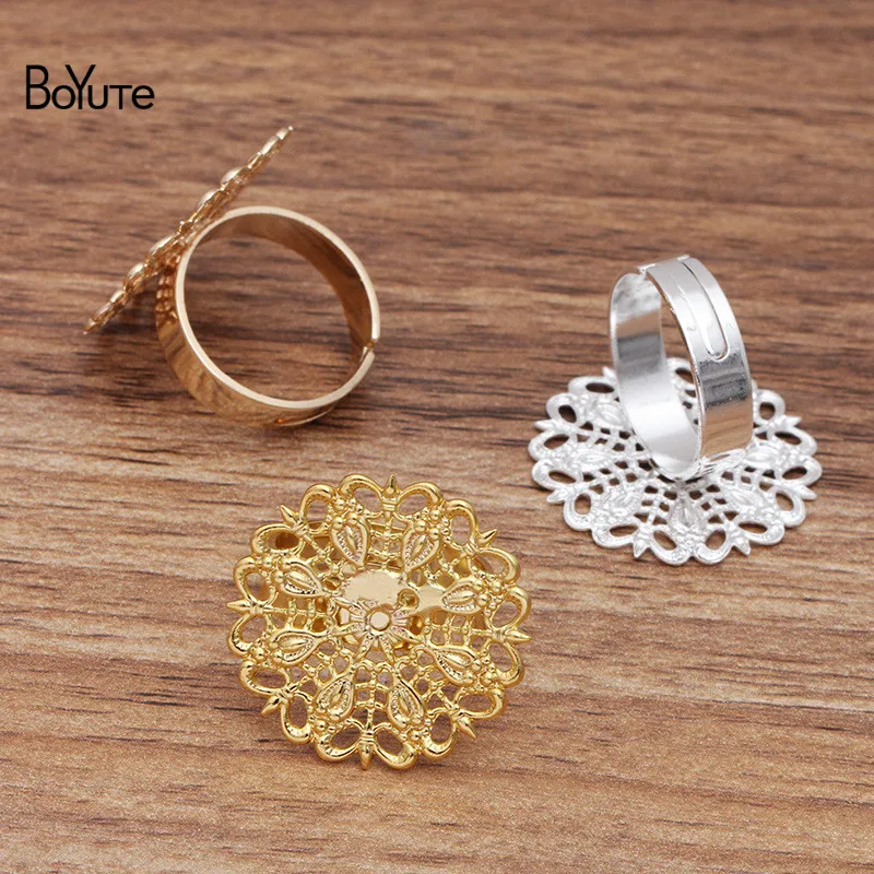 BoYuTe (200 Pieces/Lot) 25MM Metal Brass Filigree Peacock Feather Ring Base Adjustable Diy Hand Made Jewelry Accessories
