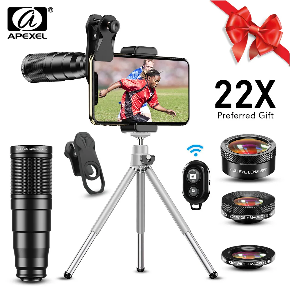 

APEXEL New Phone Camera Lens kit 4in1 Telephoto Zoom 22X Lens Telescope Monocular Wide Macro Fisheye Lens Tripod with remote