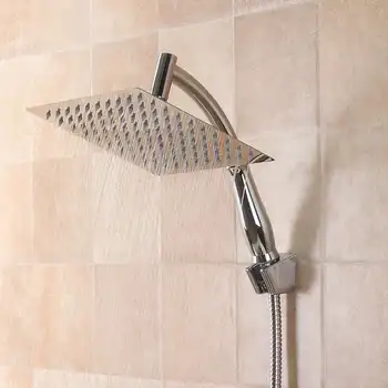

8 Inch Square Ultra-thin Rainfall Shower Head With 1.5m Stainless Steel Hose Shower Holder Celling Mounted Shower Head Set