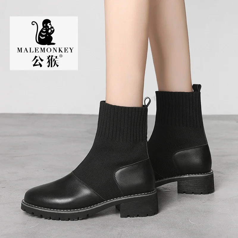 

Comfort Knitting Women Sock Boots Square High Heel Boots Fashion Pointed Toe Autumn and Winter Stretch Shoes Black
