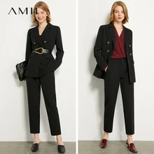 AMII minimalismo, conjunto de traje de verano y otoño con solapa y doble botonadura, chaleco sólido, Pantalones rectos de cintura alta para mujer, 12040939