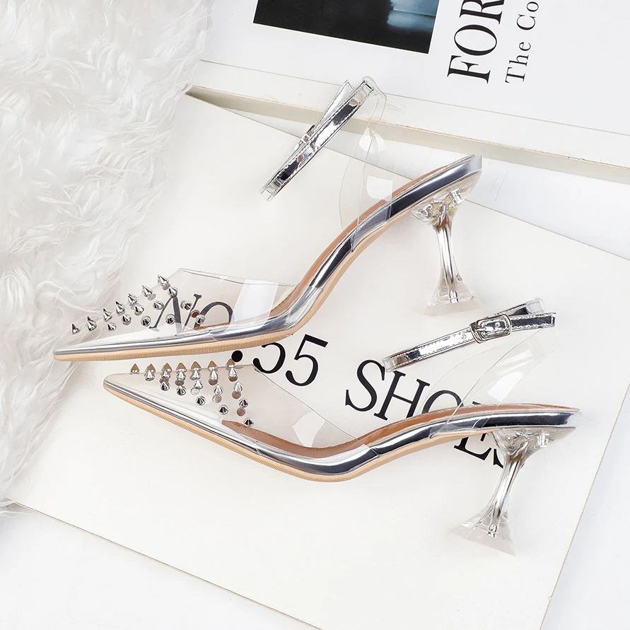 

Anance 2020 summer women fashion pointed shallow mouth high heels transparent rivets word sandals cat heel hollow women's shoes