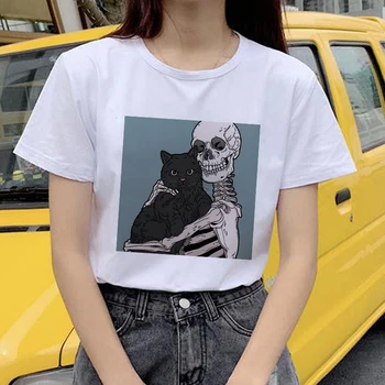 

Showtly Horro Skull and Cute Cat Femal Tshirt Cartoon Top Tees kawaii T Shirt Women Harajuku Short Sleeve Fun Ulzzang T-Shirt