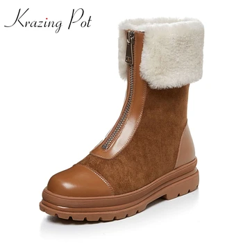 

Krazing Pot new gladiator vintage colors cow leather round toe med heel snow boots north winter warm streetwear ankle boots L3f2