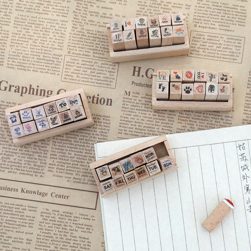 JIANWU 12pcs/set mini lovely DIY Stamp planner scrapbooking stamp diary card making supplies Wooden stamp afbeelding