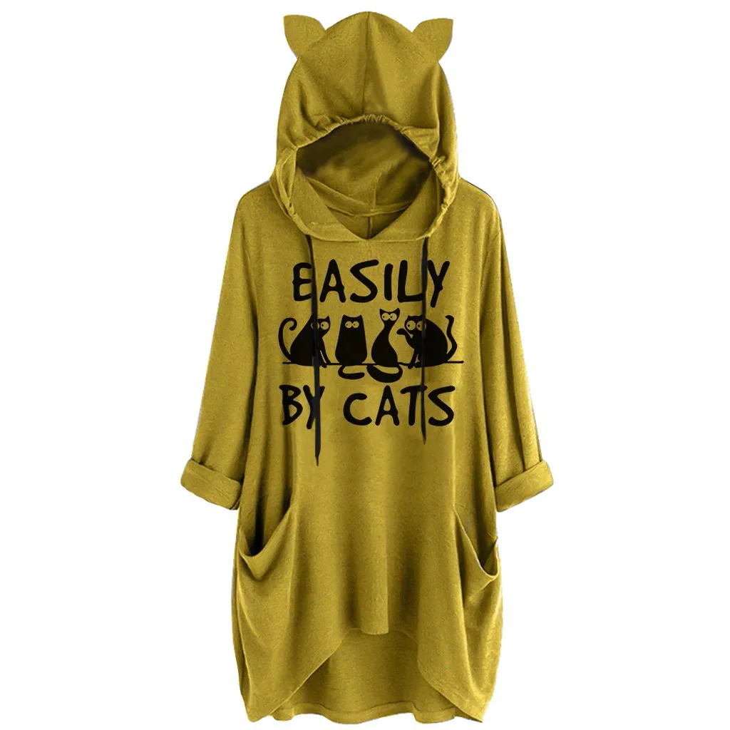 Худи с кошачьими ушами женские милые длинные пуловеры капюшоном Осенние